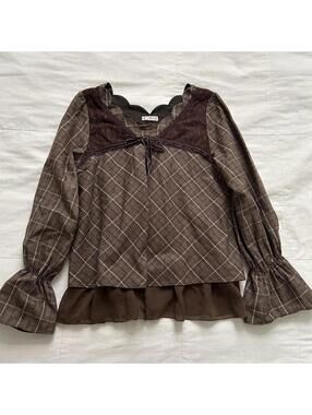 Axes Femme Brown plaid blouse with ruffles and bow detail Size Medium